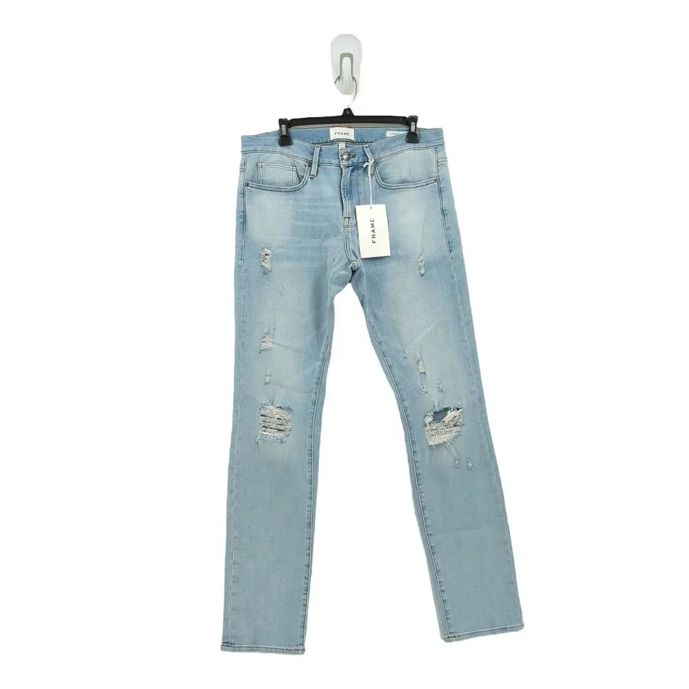FRAME Men 32 L'Homme Jeans Tubman Blue Skinny Denim Distressed Whisker Mid Rise